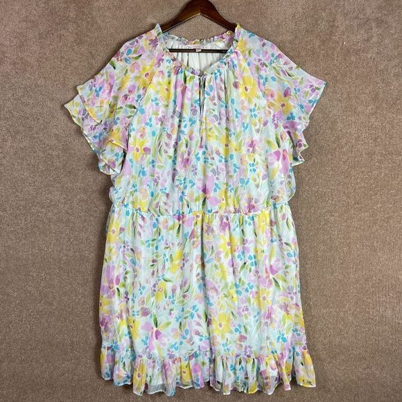LC Lauren Conrad Fit & Flare Dress Womens Plus 3X Multi Ruffle Floral Georgette - Picture 2 of 12